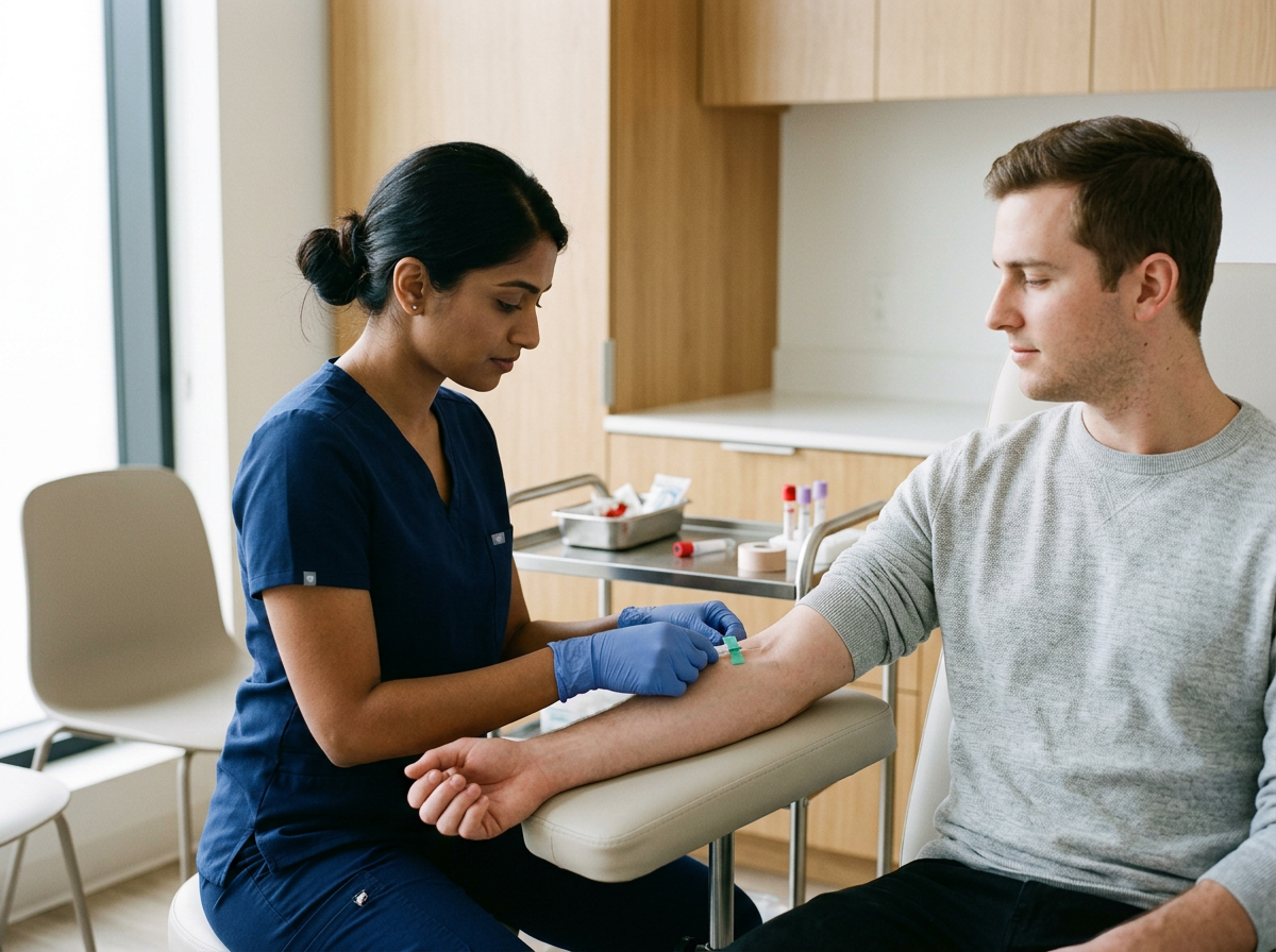 A nurse drawing blood from a young man’s arm in a medical facility.