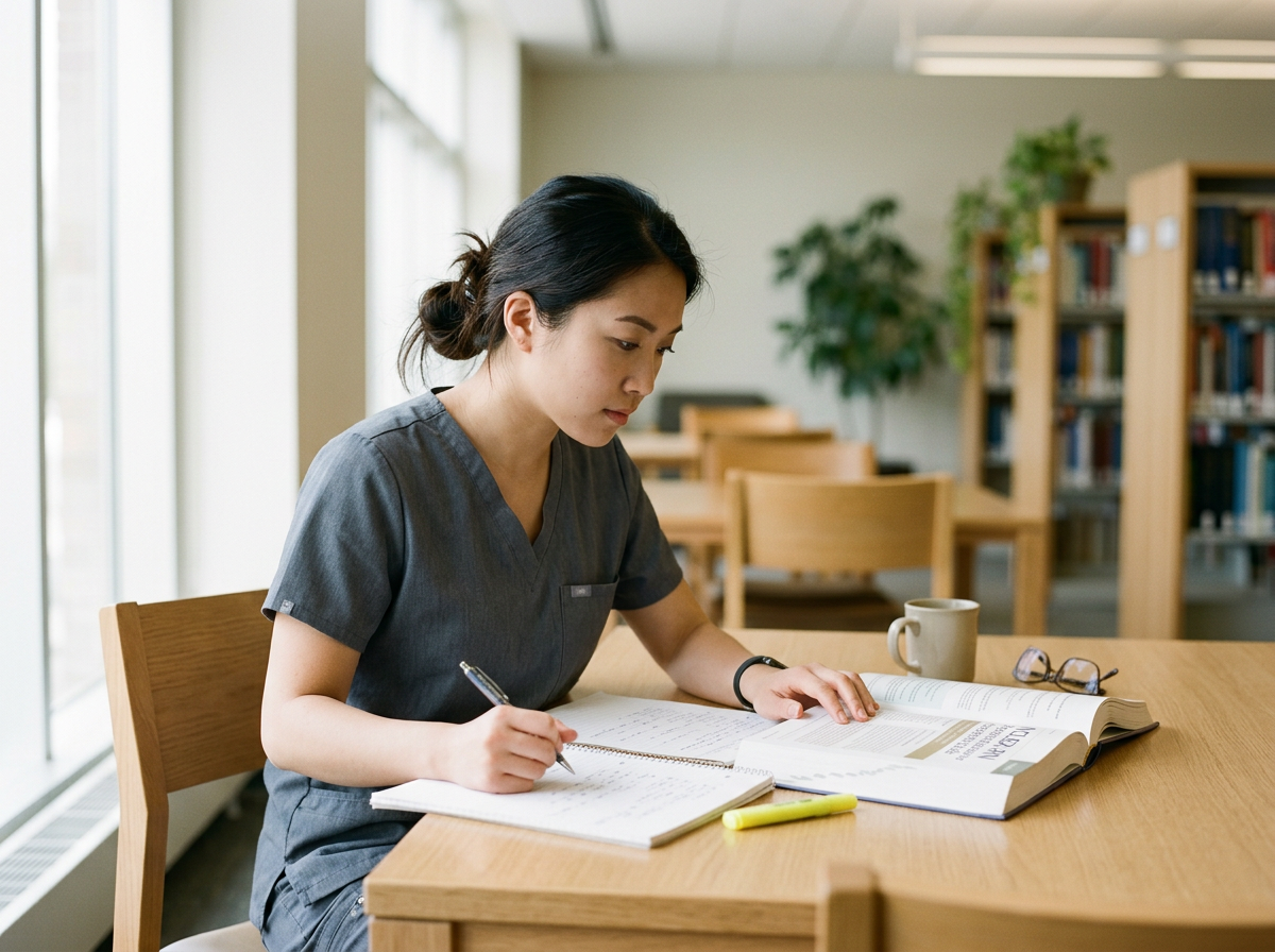 A woman wearing scrubs studying at a wooden table in a library, with books, a mug, and eyeglasses nearby.
