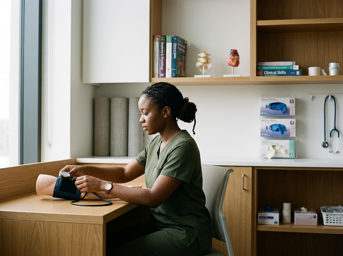 A female nurse sitting at a desk, checking her blood pressure with a sphygmomanometer in a medical office.