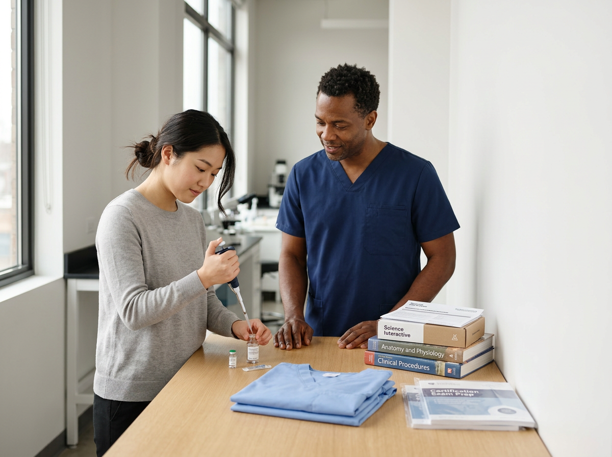 A young woman and a male healthcare professional preparing medical supplies on a table in a clinical setting.
