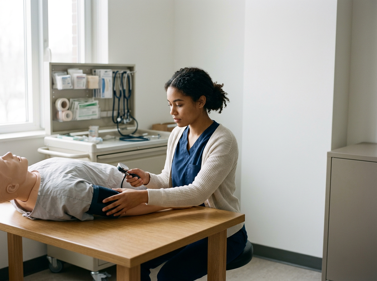 A female healthcare professional examining a medical mannequin or patient simulator using an otoscope in a clinical setting.