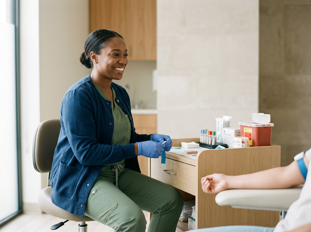 A smiling nurse with dark hair in a bun, wearing green scrubs and a blue jacket, sitting in a medical office, preparing to draw blood from a patient.