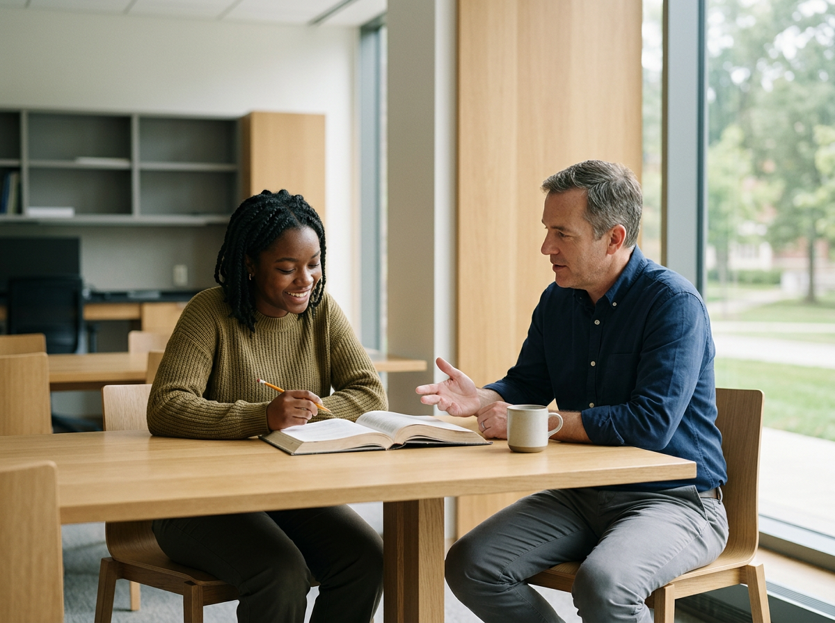A woman and a man sit at a wooden table, engaging in a discussion. The woman is smiling, holding a pen and looking at an open book. The man is gesturing with his hand and has a coffee mug in front of him. They are in a room with large windows and a view of trees outside.