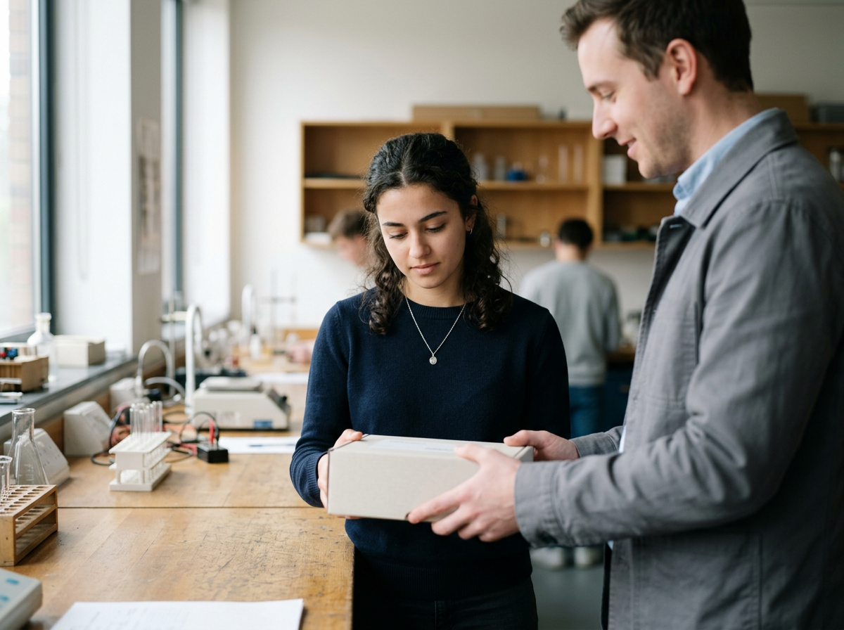 A man hands a young woman a boxed item in a laboratory or workshop setting, with scientific equipment on a wooden counter and shelves in the background.