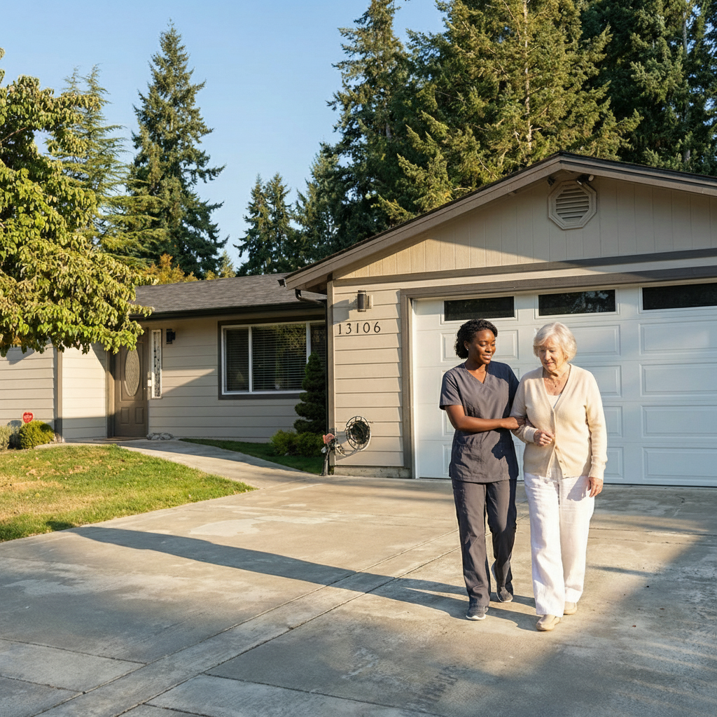 A nurse and an elderly woman walk together in front of a suburban house with a driveway, surrounded by trees.