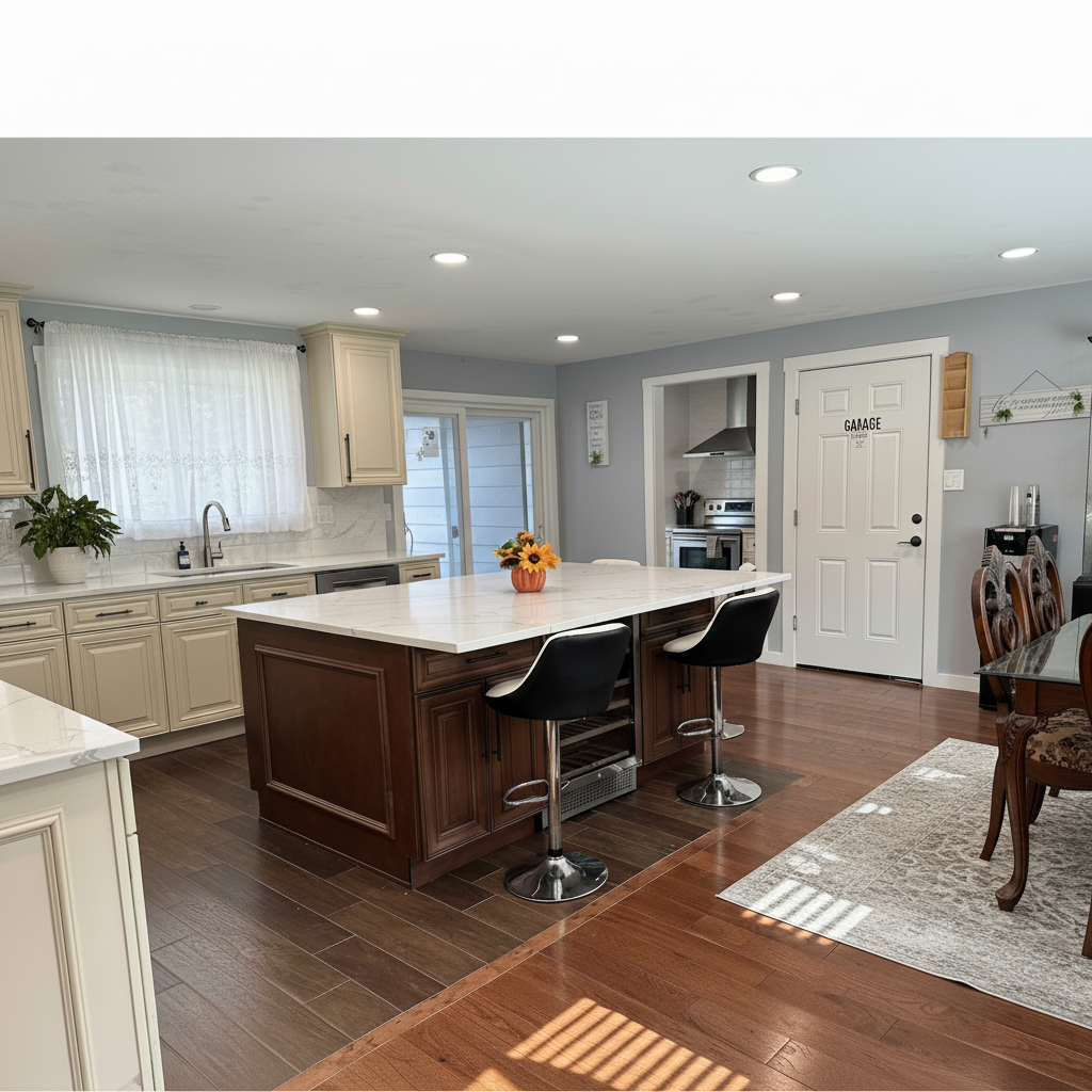 A modern kitchen with white cabinets, a white marble backsplash, a large island with a dark wood base and white countertop, two black bar stools, a window with sheer white curtains, a sliding glass door, and a doorway labeled 'Garage' in a light blue wall. There is a small vase of sunflowers on the island and a patterned rug on the wooden floor.