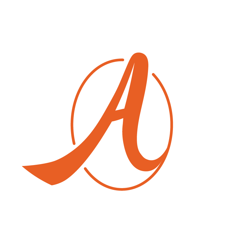 Black background with oversized orange cursive letter 'A' encircled by a thin orange circle.