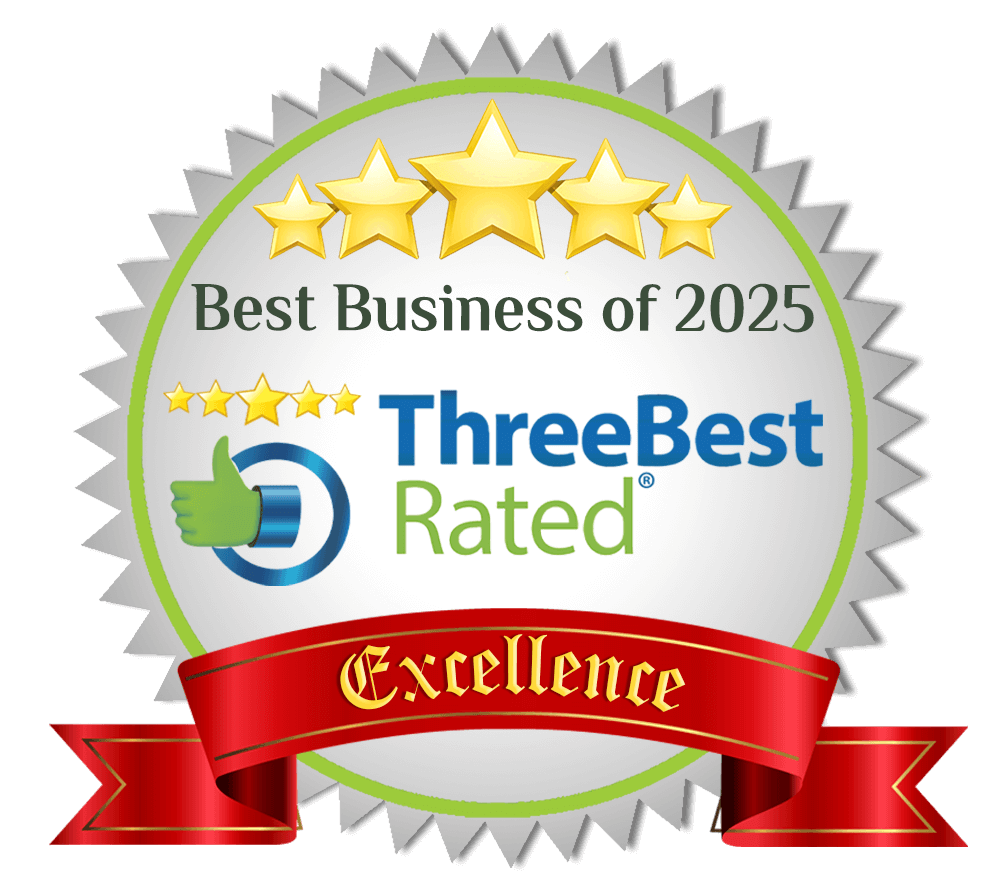 A badge indicating an award for the Best Business of 2025, rated highly on ThreeBest Rated, with a five-star rating, a thumbs-up icon, and a red ribbon with the word 'Excellence' on it.