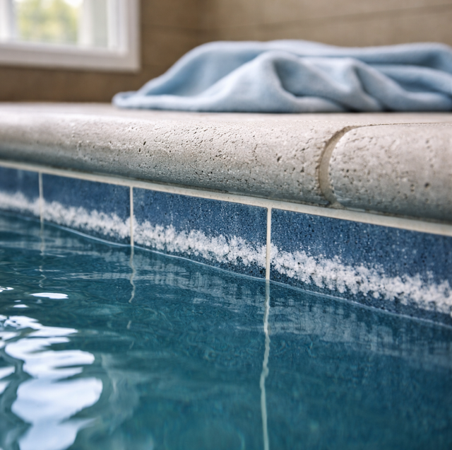 white calcium scale crust on pool waterline tile