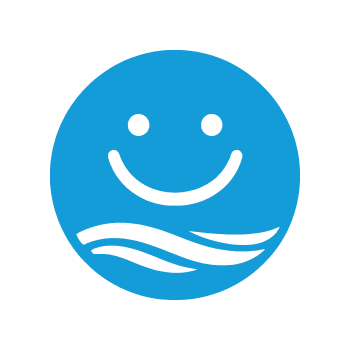 Blue circle with a white smiling face and three curved lines representing water.