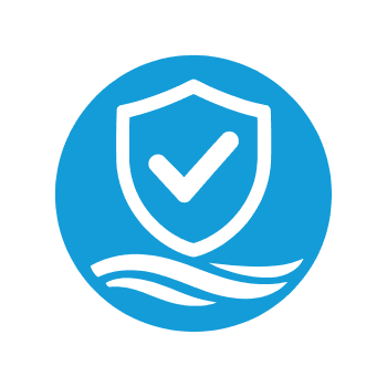 Blue circular icon with a white shield containing a checkmark, and wavy lines beneath it.