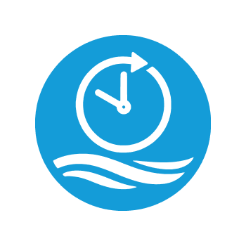 A blue circular icon with a clock showing 10:00, an arrow wrapping around the top of the clock, and wavy lines at the bottom symbolizing water.