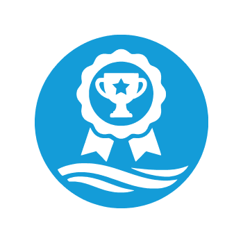Blue circular badge with a trophy icon, ribbon, and wavy lines underneath.