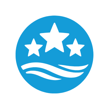Blue circular icon with three white stars and wavy lines below them.