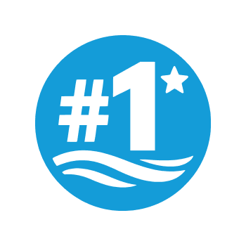 Blue circular badge with white text reading '#1' and a star, with wave-like lines underneath.