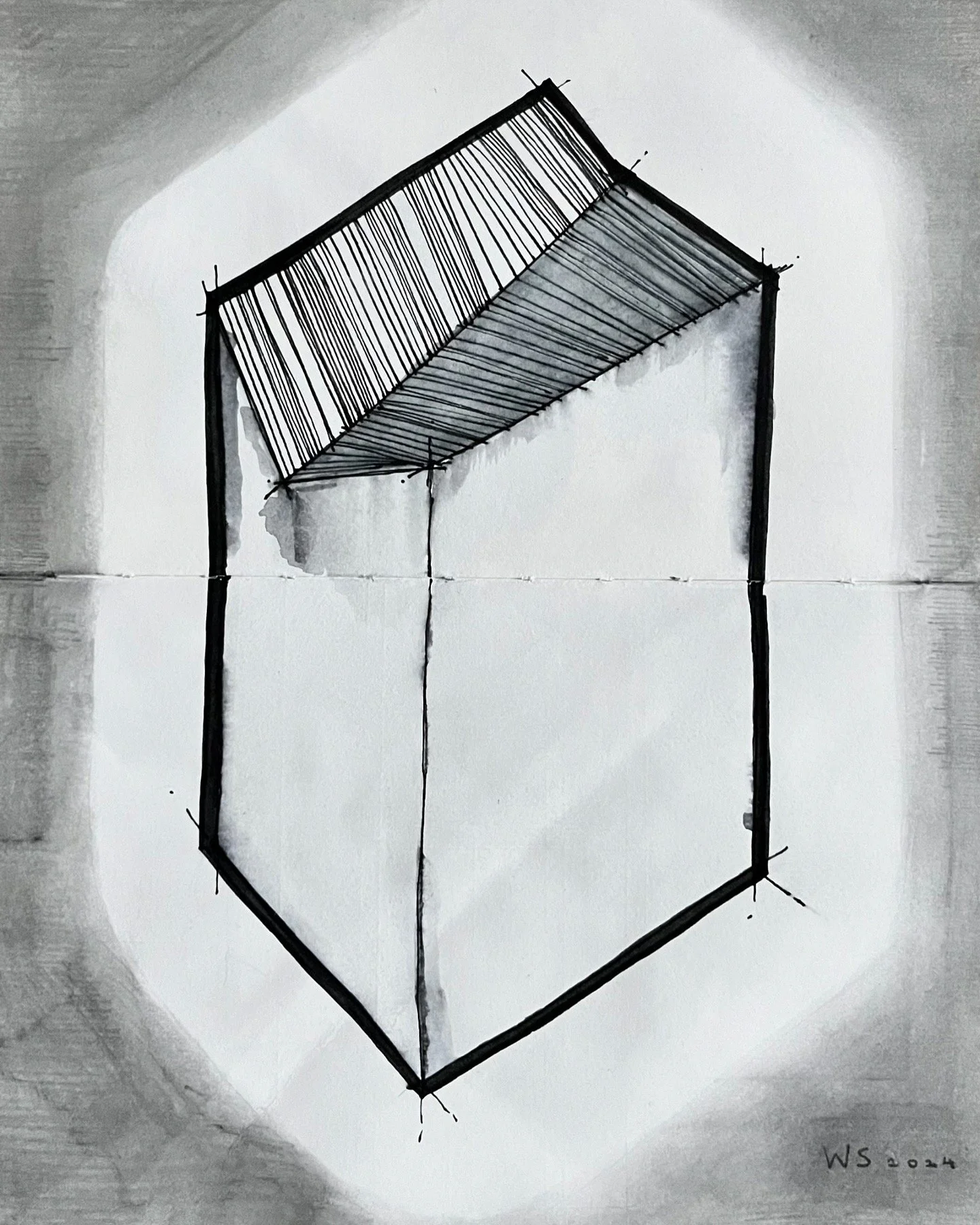 Black-and-white architectural sketch exploring enclosure, geometry, and a sloping roof structure.