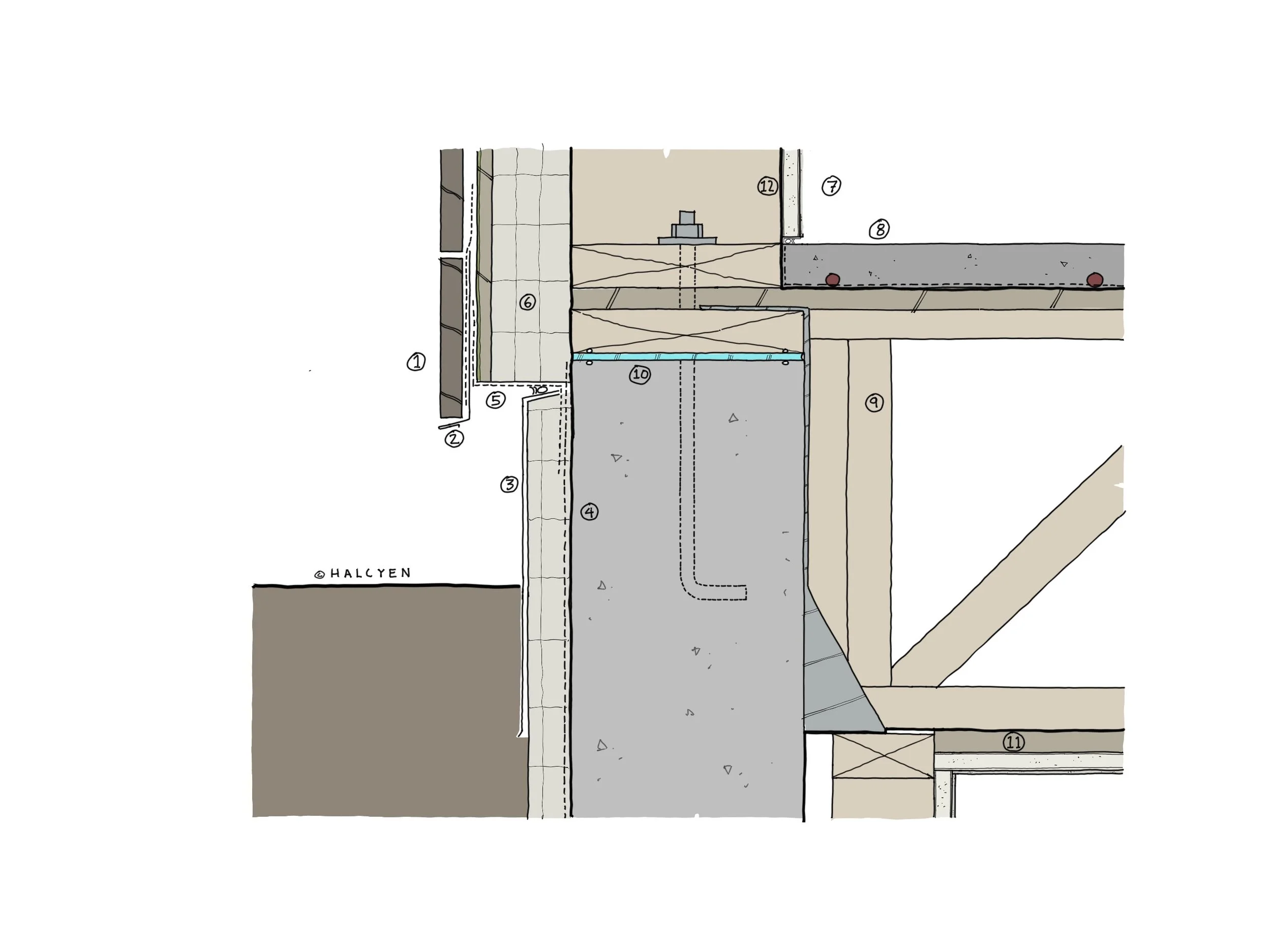 Technical architectural section detail showing the connections between structural and building components.