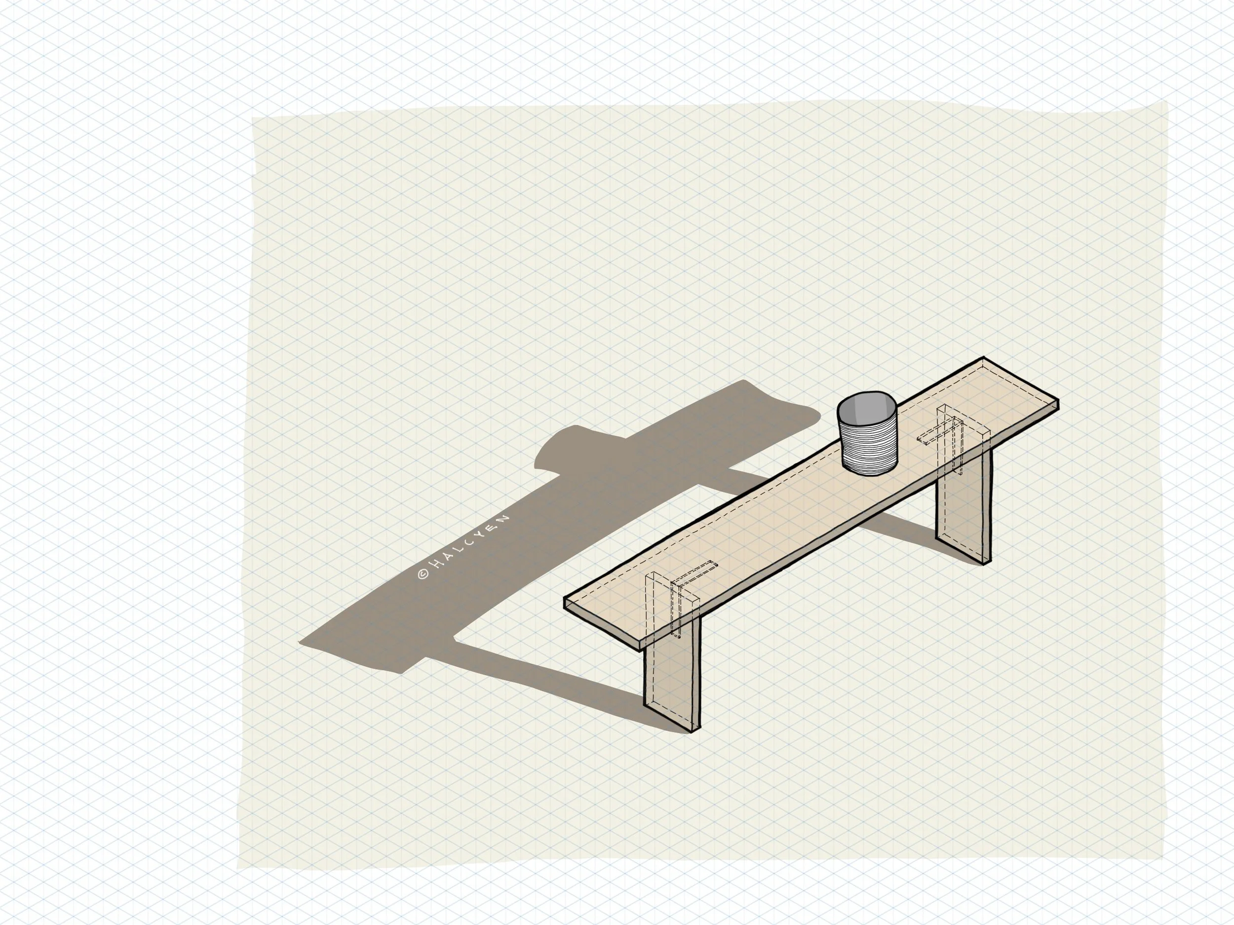 Axonometric furniture design drawing of a long bench with two supports and a small object resting on its surface.