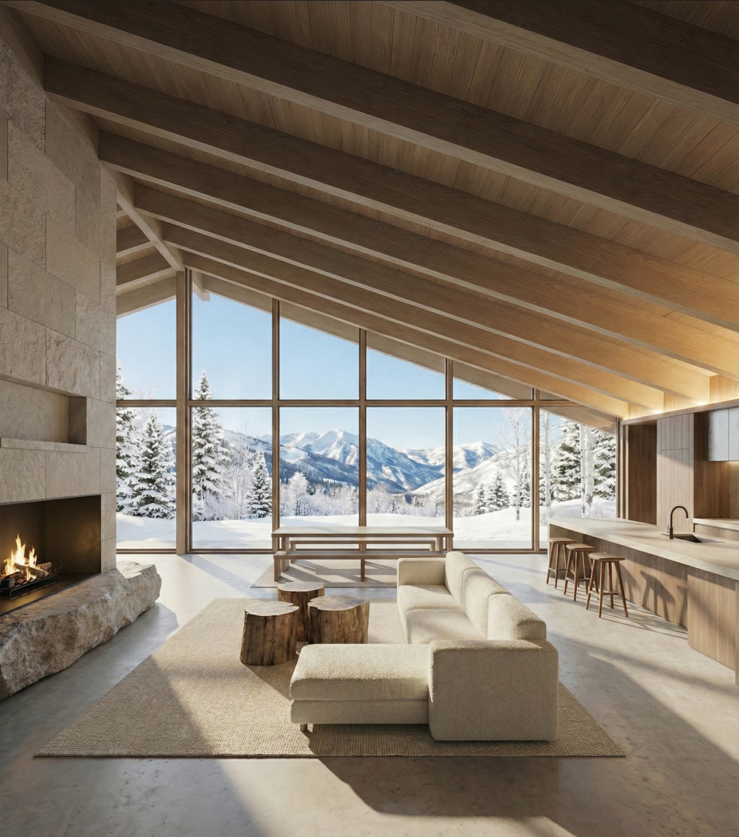Architectural visualization of a mountain residence with timber ceilings, a stone fireplace, and expansive windows overlooking a snowy landscape.