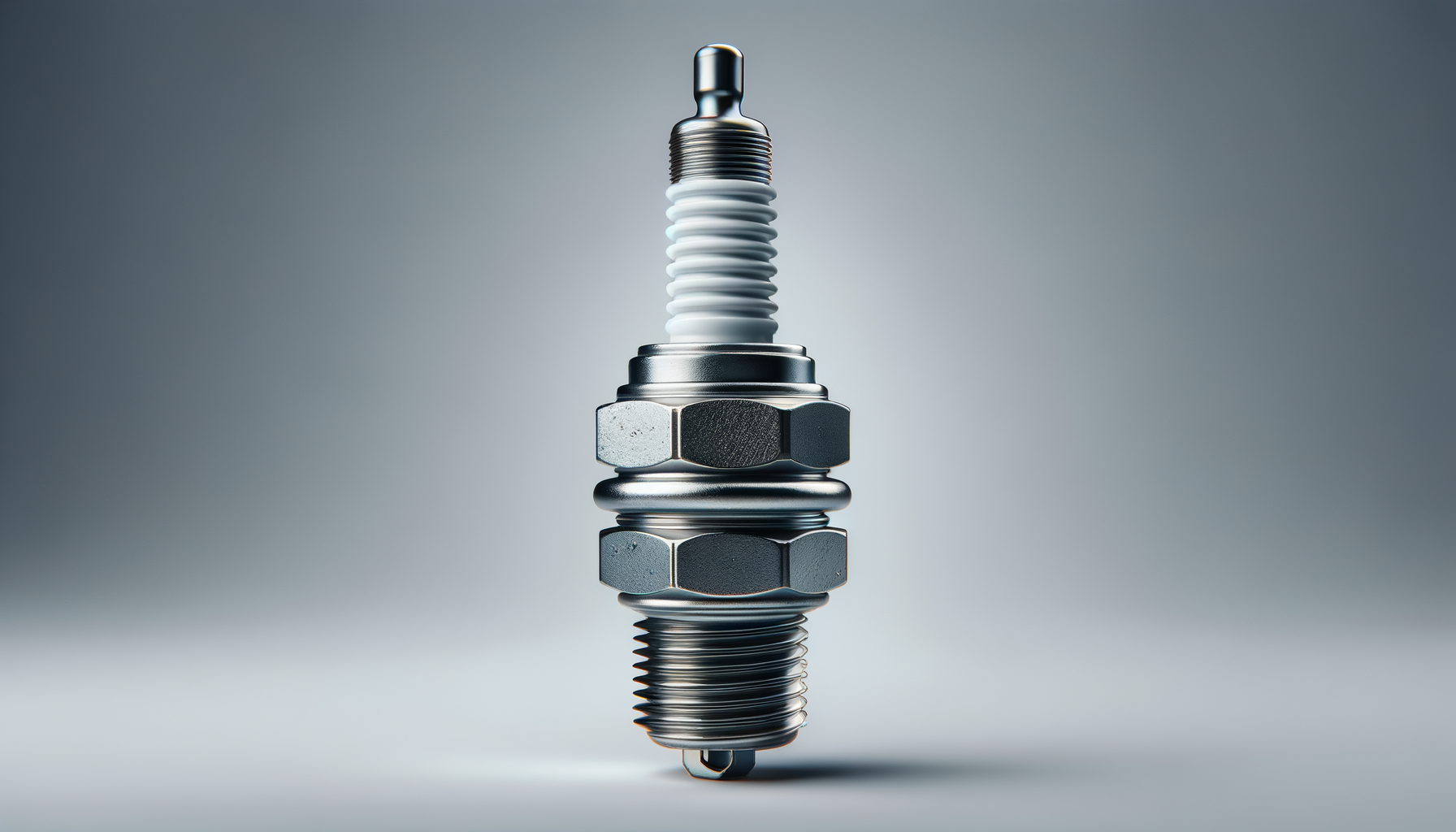 Close-up of a spark plug with metallic and white components, standing upright on a gray background.