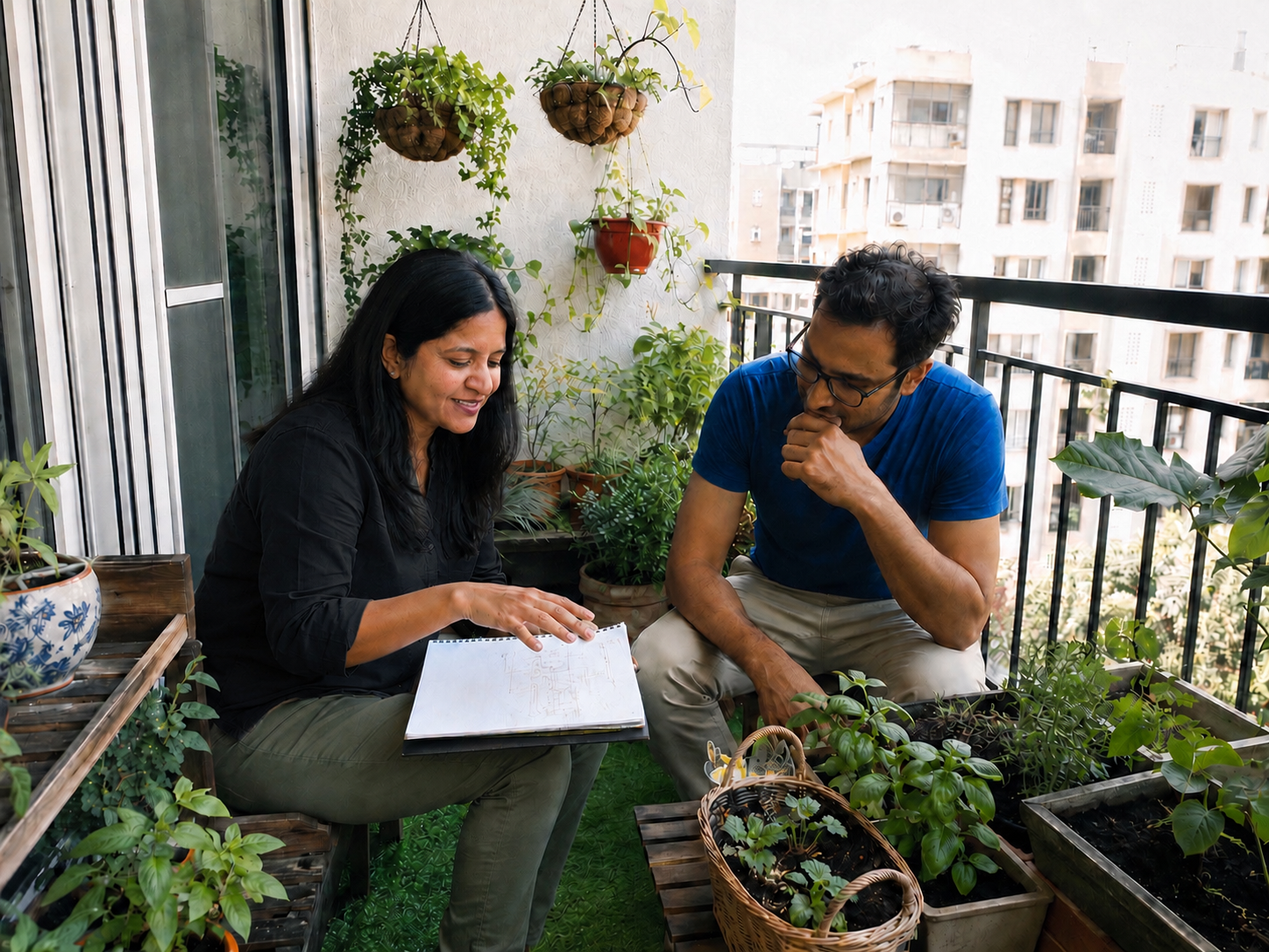 A woman and a man sitting on a balcony with plants, discussing something in a notebook.