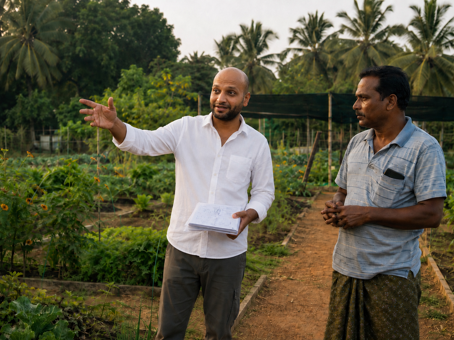 Two men talking in a vegetable garden, one holding notes and gesturing, with trees and plants in the background.