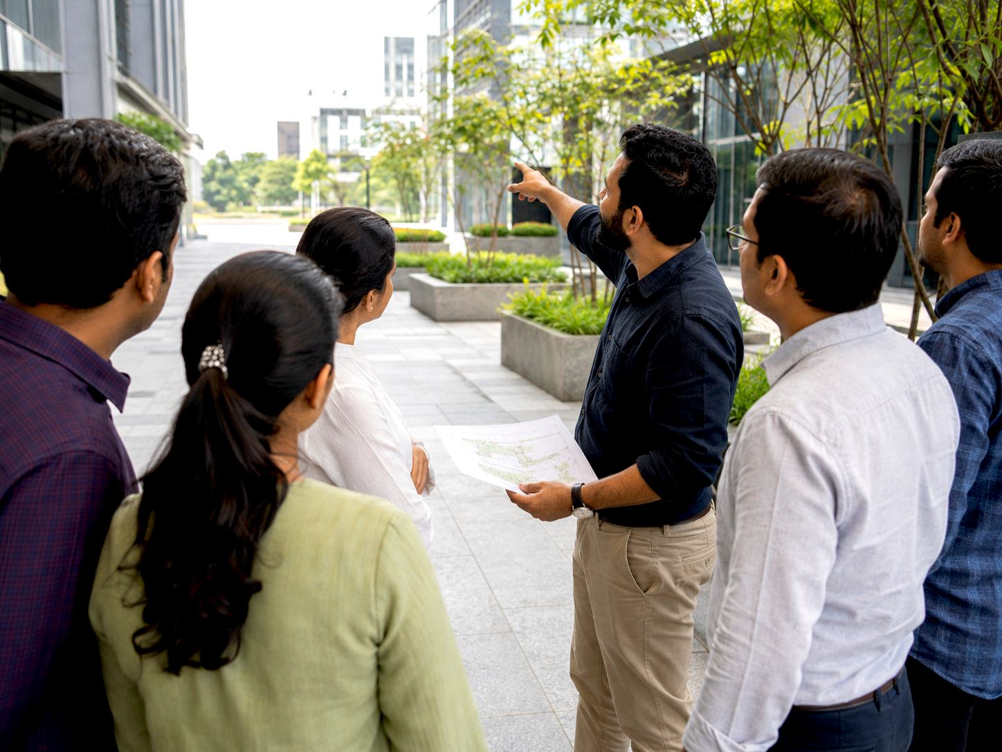 A man in blue shirt holds papers and points to a building in an urban outdoor setting, explaining something to a group of five people standing around him.