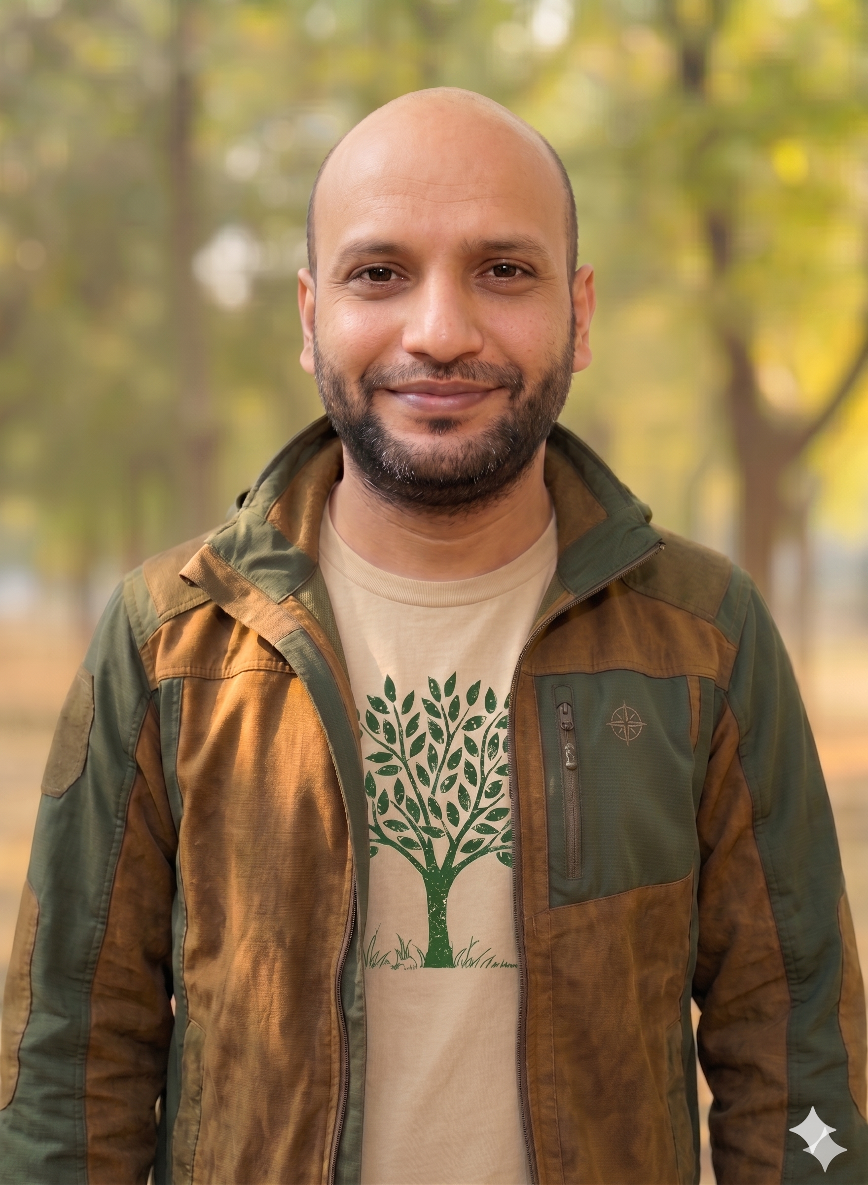 A smiling man with a beard and shaved head standing outdoors in a park during autumn, wearing a jacket over a t-shirt with a green tree graphic.
