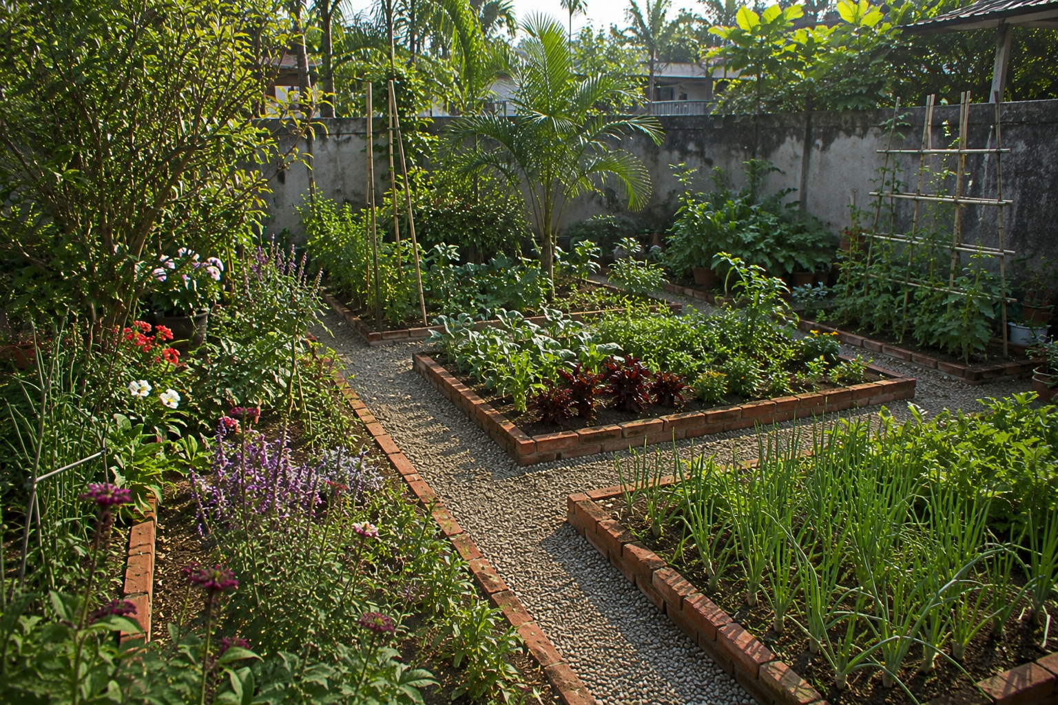 A lush backyard vegetable and flower garden with raised brick beds, pathways, and various plants including onions, leafy greens, flowers, and trees, enclosed by a concrete wall.