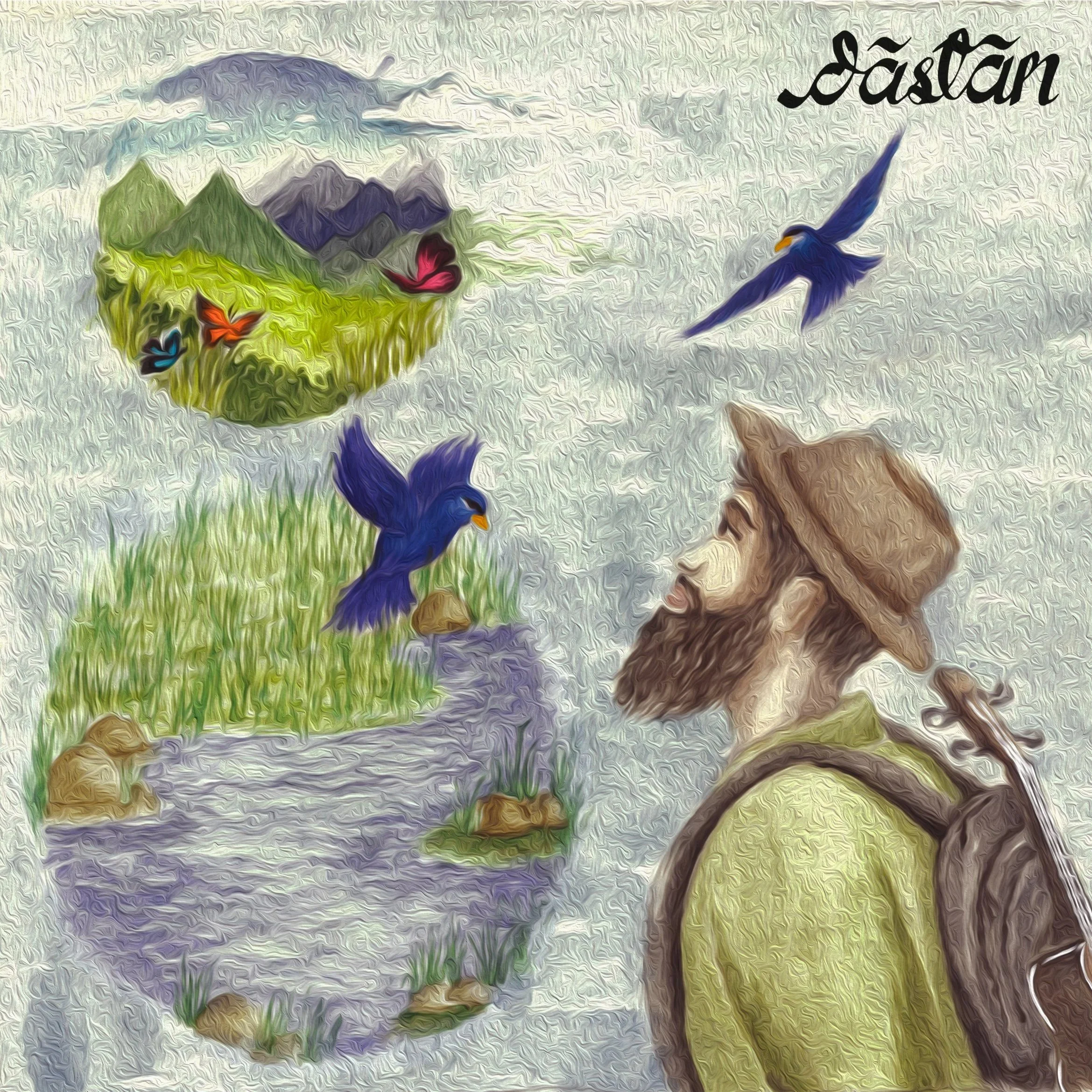 A digitally rendered painting of a man with a beard and hat looking at flying blue birds above a nature scene with mountains, a river, rocks, and butterflies. The image includes the word 'Dästan' in stylized black font in the upper right corner.