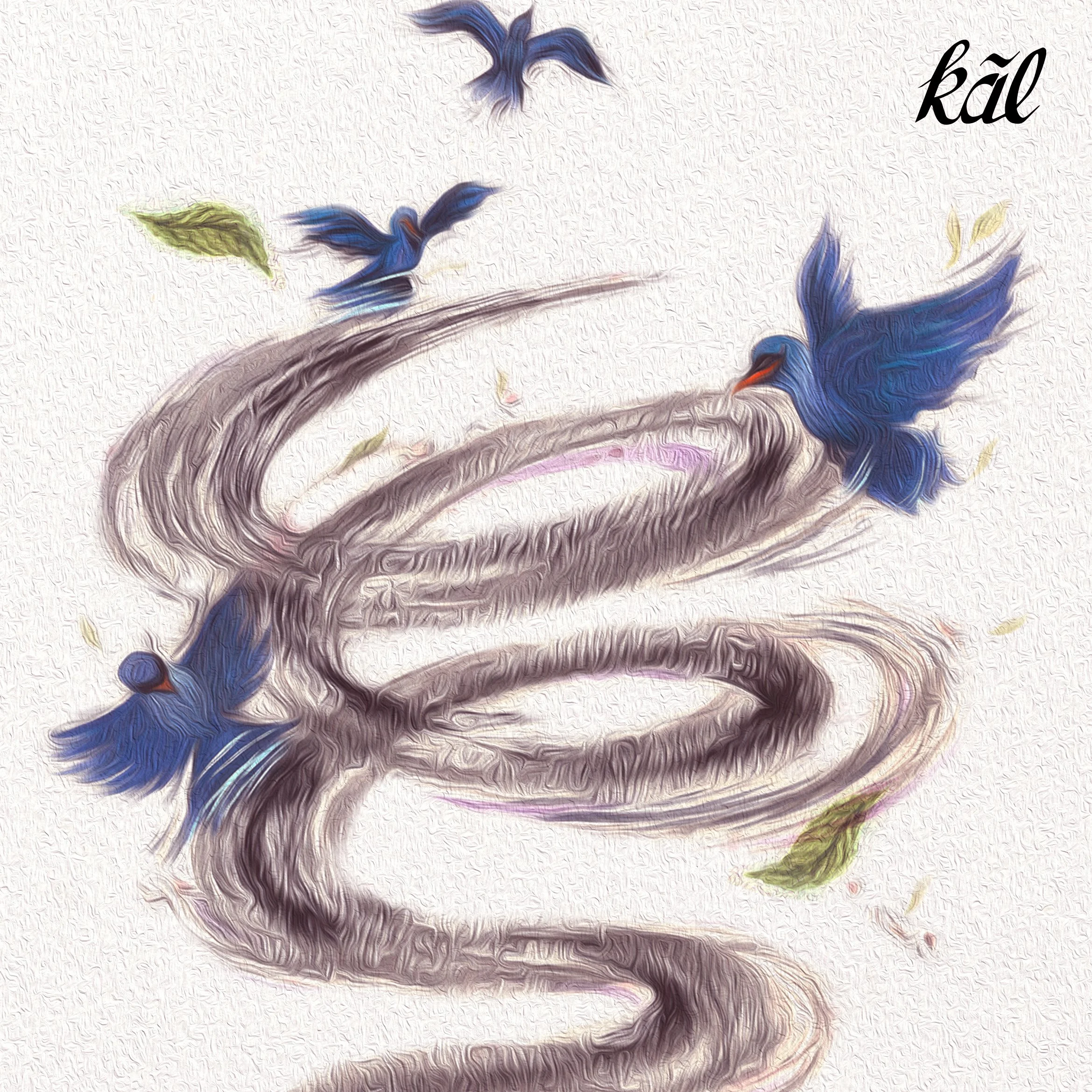 Stylized illustration of a snake with blue butterflies around it. The background is textured white. The word 'kal' is written in cursive in the upper right corner.
