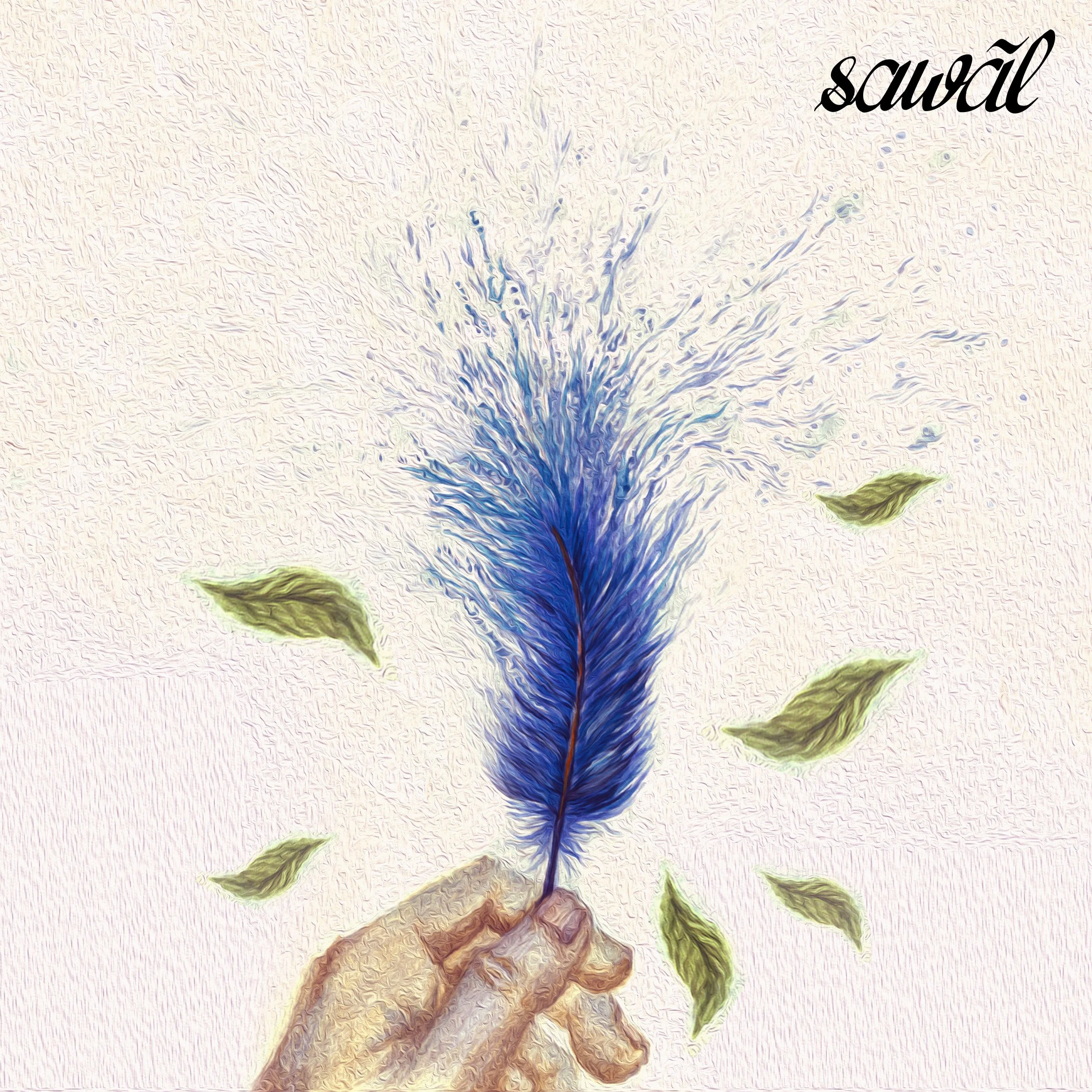 A hand holding a blue feather with falling green leaves around it, on a textured beige background, with the word 'saval' in black cursive font at the top right corner.