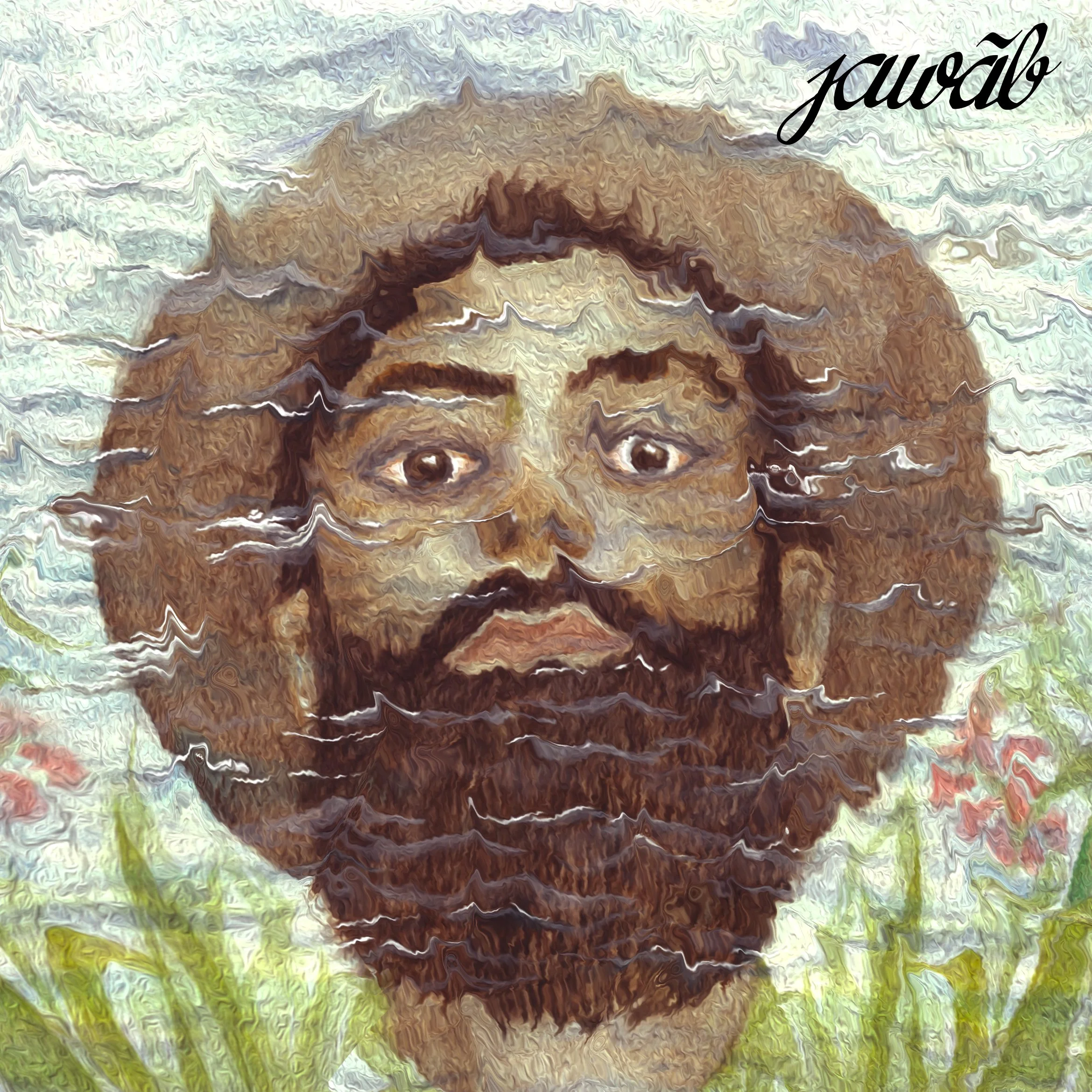 Artistic depiction of Jesus Christ with long hair and beard wearing glasses, with a floral background.