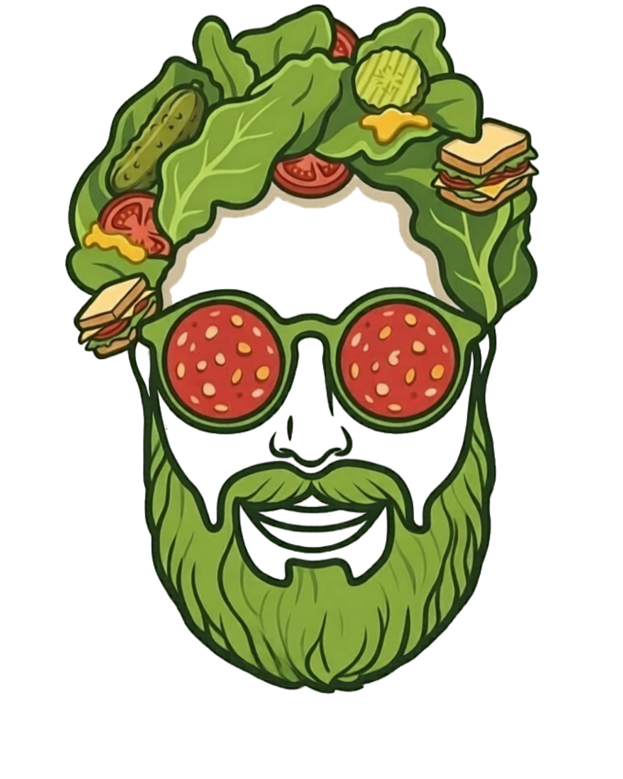 A digital illustration of a skull with a jungle theme, featuring green leaves, tomatoes, pickles, sandwich images, and what appears to be a yellow mustard or cheese-like topping.
