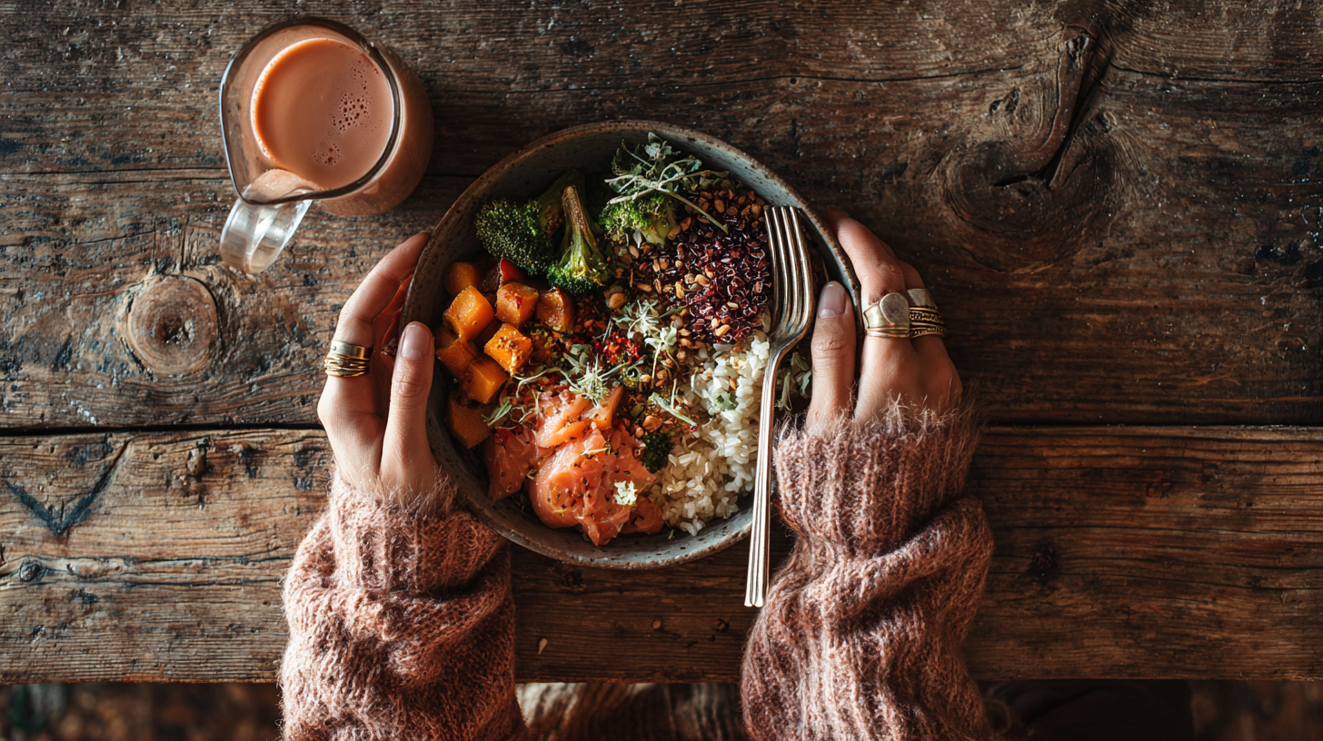 A top-down view of a person holding a bowl of salad with various vegetables and grains, on a wooden table. There's a glass of smoothies or juice nearby.