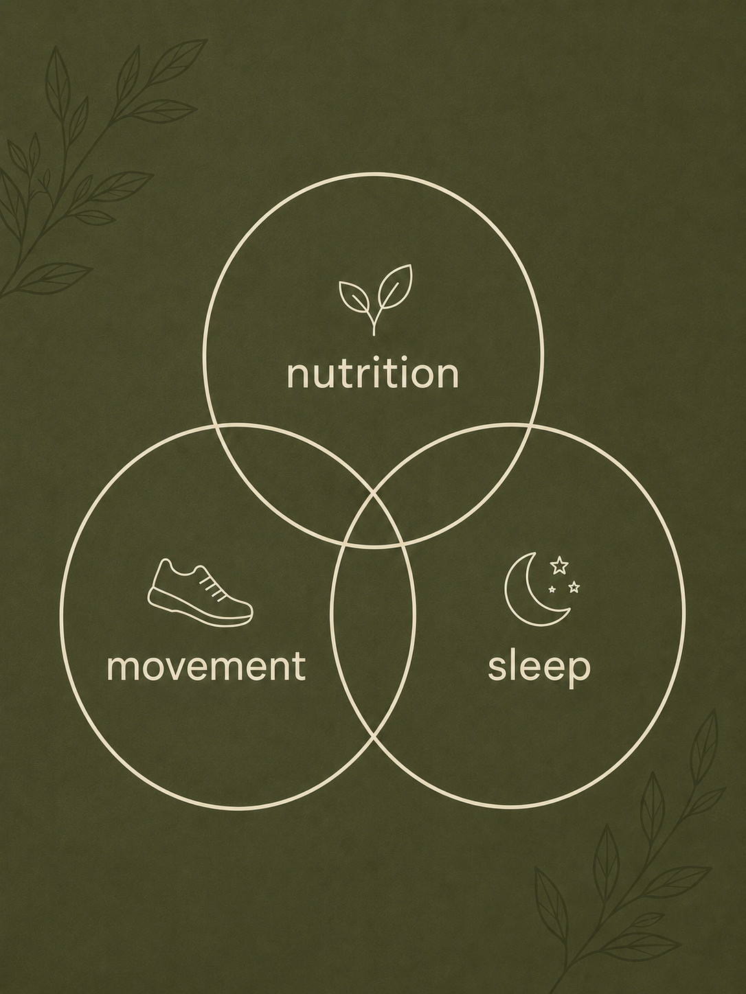 Venn diagram illustrating the connection between nutrition, sleep and movement for optimal women's health