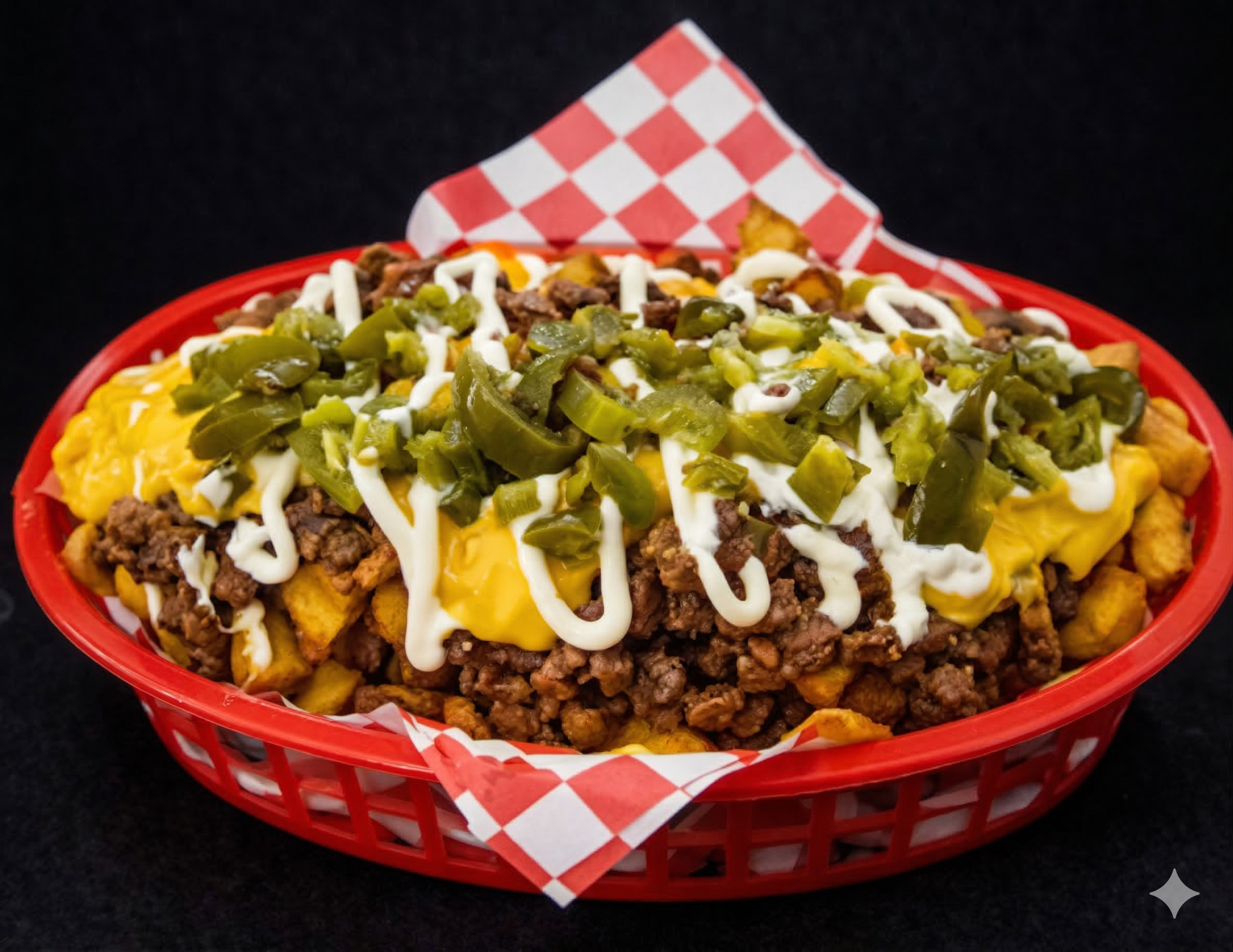 A serving of loaded chili cheese fries topped with shredded cheese, jalapeños, sour cream, and chopped green peppers in a red basket lined with checkered paper.
