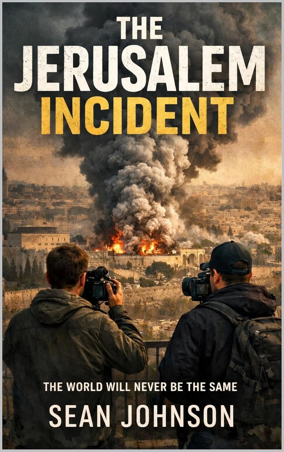 Book cover titled 'The Jerusalem Incident' by Sean Johnson, featuring a photograph of a city with smoke and fire, and two photographers in the foreground capturing the scene.