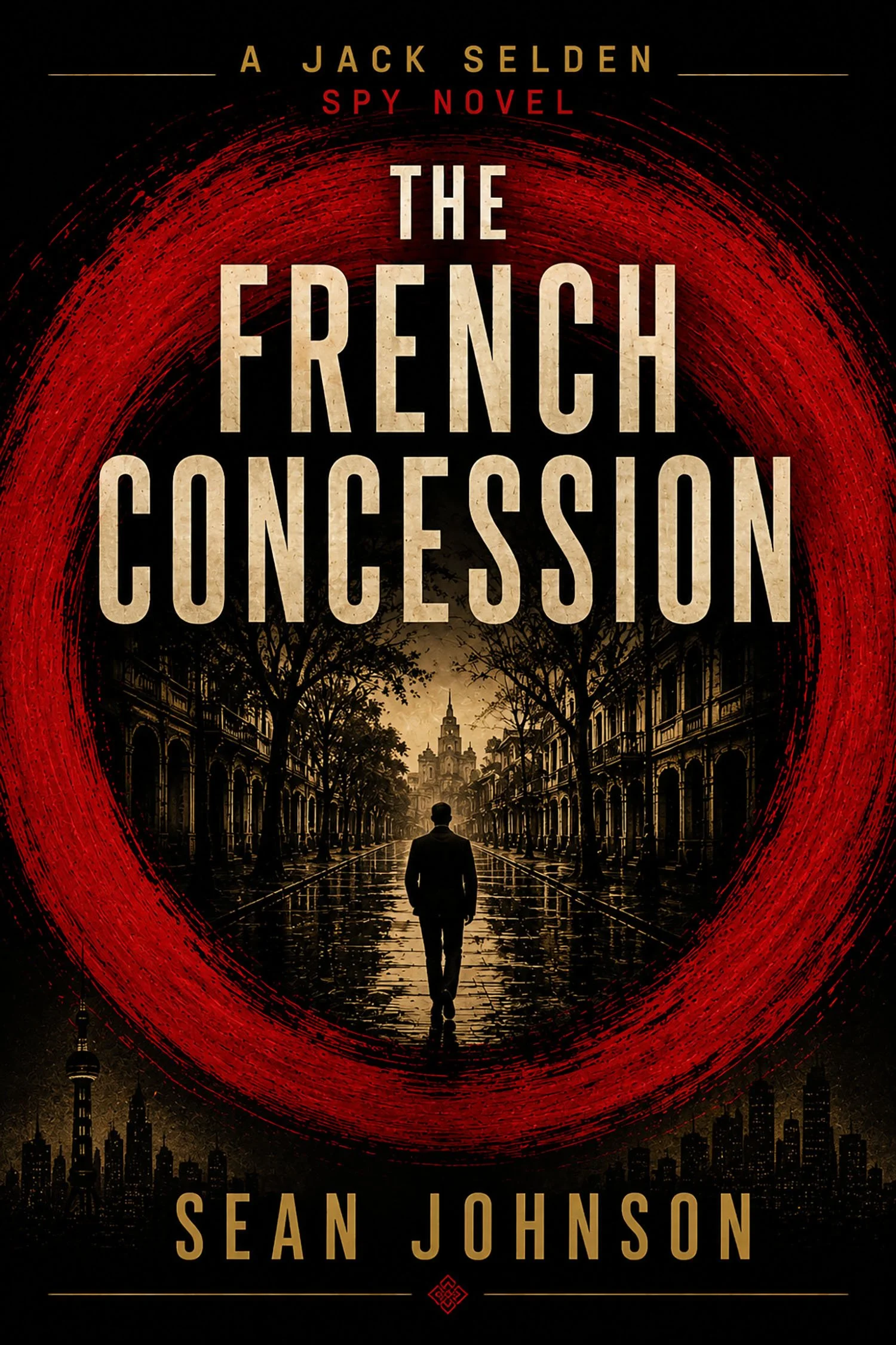 Book cover titled 'The French Concession' by Sean Johnson featuring a spiral pattern in red and black with a small yellow figure at the bottom right corner.