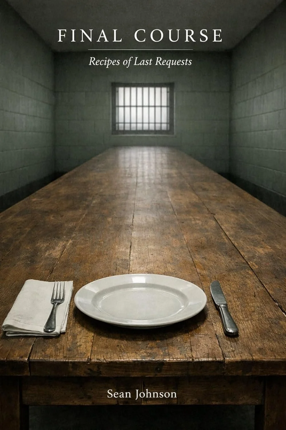 A prison cell with a wooden table, a plate, a fork, and a knife, with bars and a small window in the background.