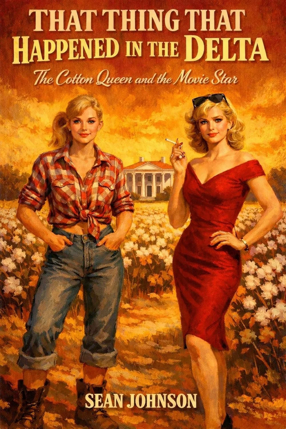 Movie poster for 'That Thing That Happened in the Delta,' featuring two women standing in a cotton field, with the White House in the background. One woman is dressed in a red dress with sunglasses on her head, holding a cigarette, while the other is in a plaid shirt with rolled-up sleeves and jeans, with her hands in her pockets.