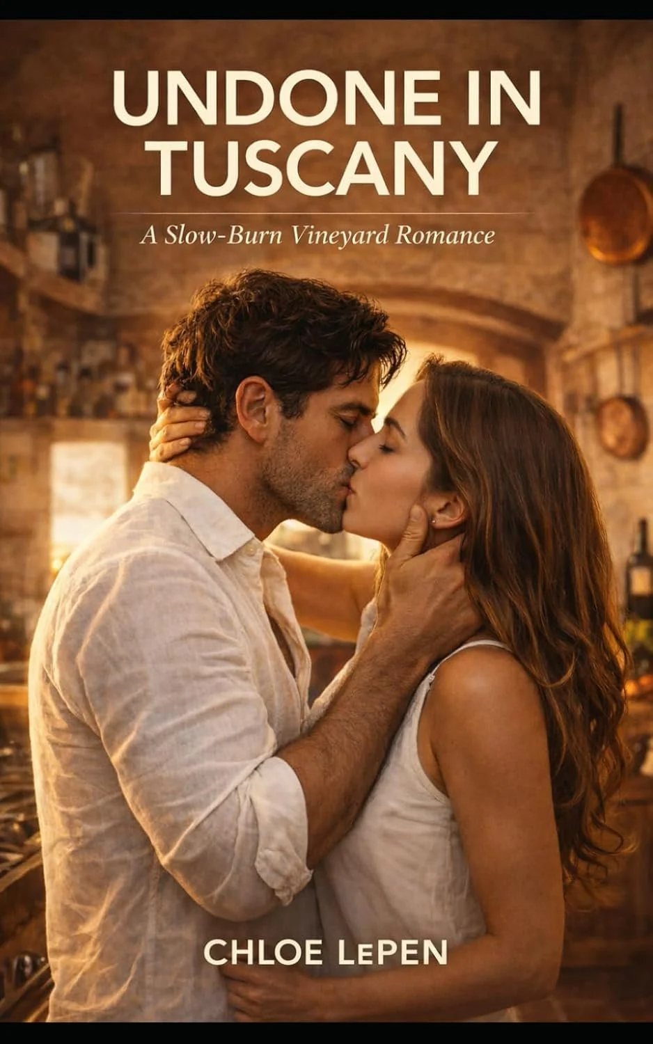 A romantic scene from a book cover showing a man and woman kissing in a rustic kitchen, with the title "Undone in Tuscany" and author's name "Chloe Lepen".