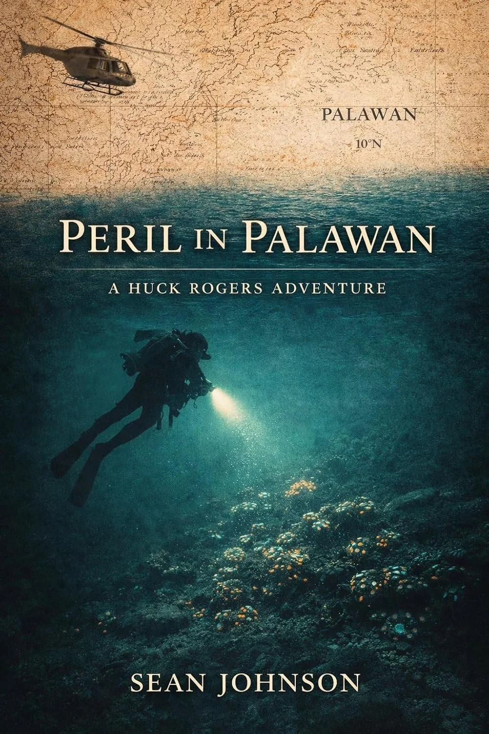 Book cover titled "Peril in Palawan" by Sean Johnson, featuring an underwater scene with a scuba diver flashlight illuminating coral, a map of Palawan in the background, and a helicopter flying above the water.