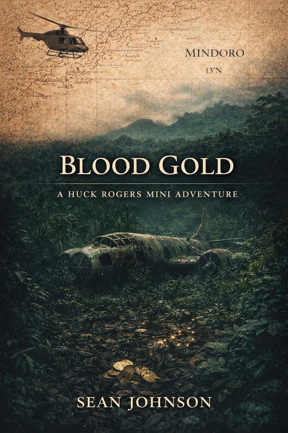 Book cover for 'Blood Gold' by Sean Johnson, showing a jungle landscape with an abandoned wrecked airplane, a mountain in the background, and a helicopter flying above.