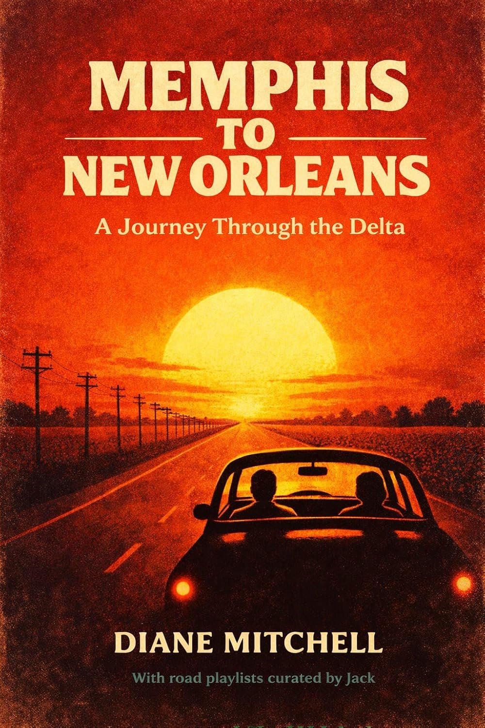 Book cover for 'Memphis to New Orleans: A Journey Through the Delta' by Diane Mitchell. The cover features an orange and red sunset with a silhouette of a car traveling down a road alongside power lines, with the sun setting over a distant horizon.