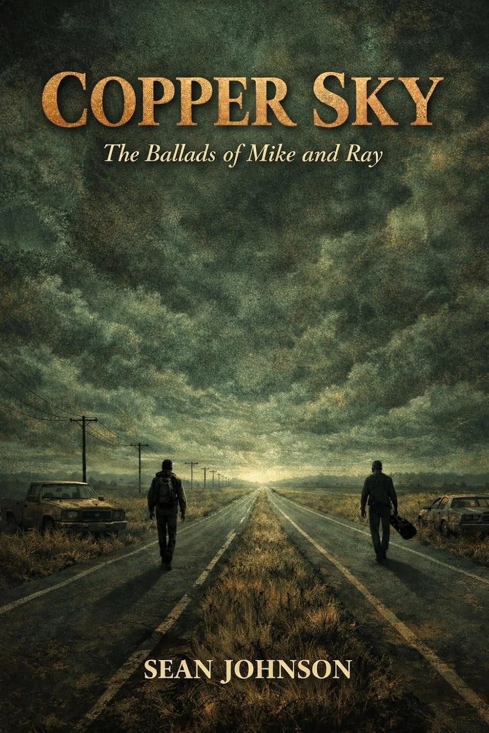 Book cover titled 'Copper Sky: The Ballads of Mike and Ray' by Sean Johnson, depicting a desolate road with two men walking, carrying a guitar case and backpack, under a dark, cloudy sky.