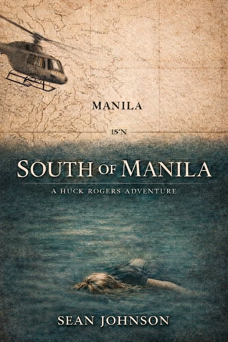 A map of Manila, Philippines, with a helicopter flying above the water and a woman floating face down in the water below.