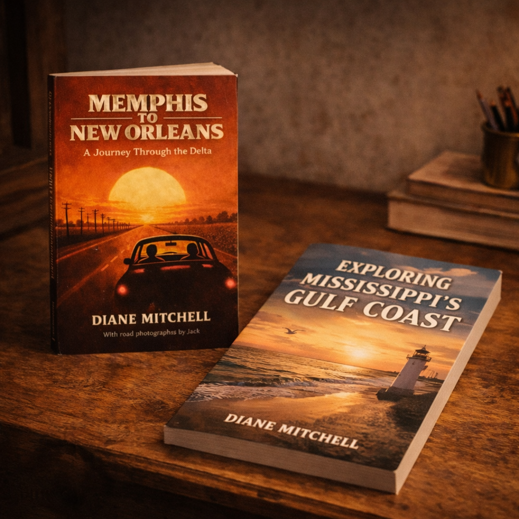 Two books on a wooden table, one titled 'Memphis to New Orleans: A Journey Through the Delta' with a sunset and car on the cover, the other titled 'Exploring Mississippi's Gulf Coast' featuring a lighthouse at sunset.