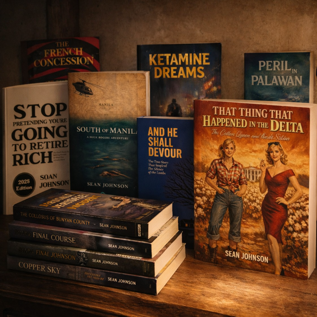 A collection of books on a wooden surface, including titles like "Stop Pretending You're Going to Retire Rich," "South of Manila," "Ketamine Dreams," "Peril in Palawan," "That Thing That Happened in the Delta," and multiple titles by Sean Johnson. Some books are stacked, and others are arranged standing against the wall.