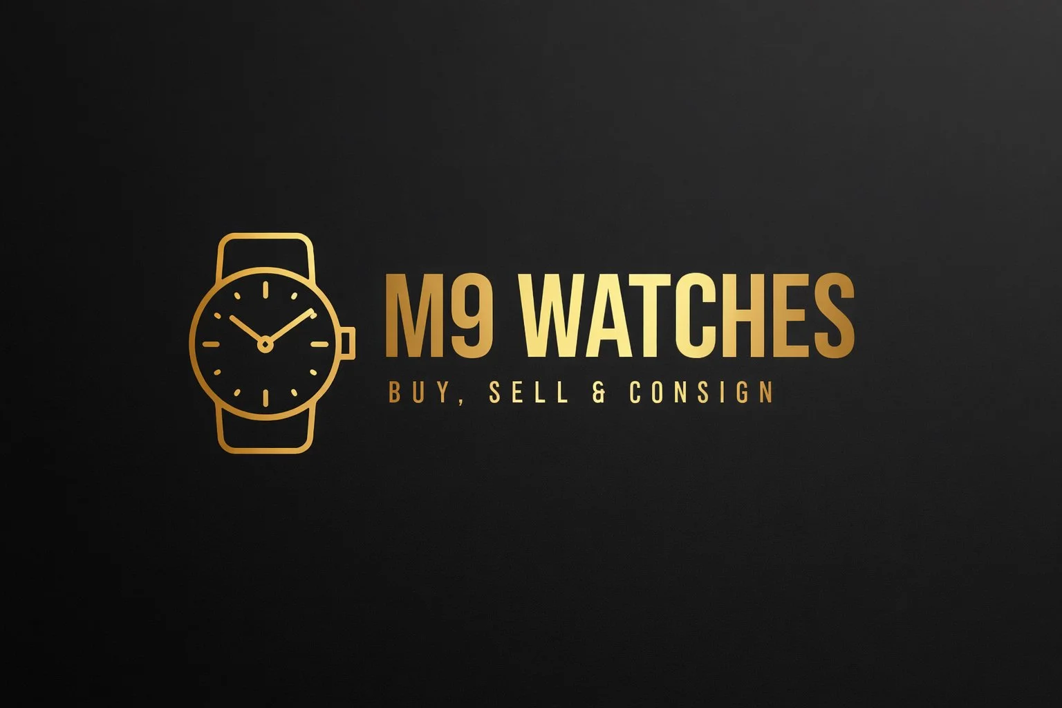 Logo featuring a gold outline of a wristwatch and the text 'M9 Watches' with the tagline 'Buy, Sell & Consign' on a black background.